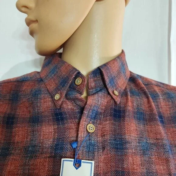 Rowm Mens Size LT Brick Red Plaid Button-Down Shirt 55% Polyester 45% Cotton - Picture 9 of 10